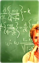 A woman smiling in front of a blackboard full of equations.